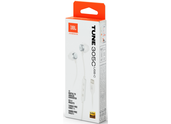 JBL TUNE 305C USB Wired Hi-Res Headphones, 12.5 mm Dynamic Driver, EQ Presets Control, Tangle-free Flat Cable, 20Hz-40 kHz Frequency Response, Built-in Mic, USB-C Connectivity, White